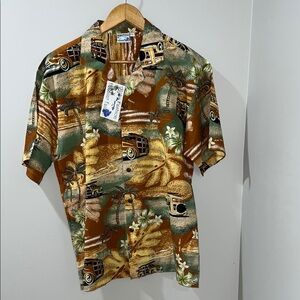 Hawaiian Woody Wagon Floral Surf Board Camper Mens Shirt Size Large Short Sleeve